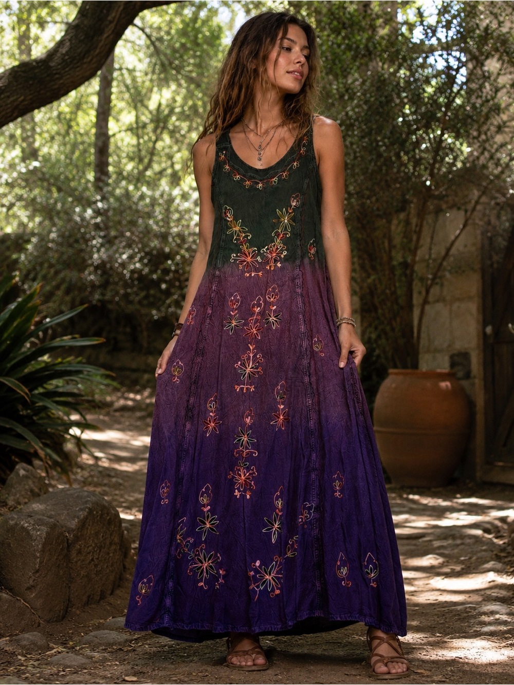 Coconut Sleeveless Embroidered Ombré Maxi Dress Purple Green Boho Festival
